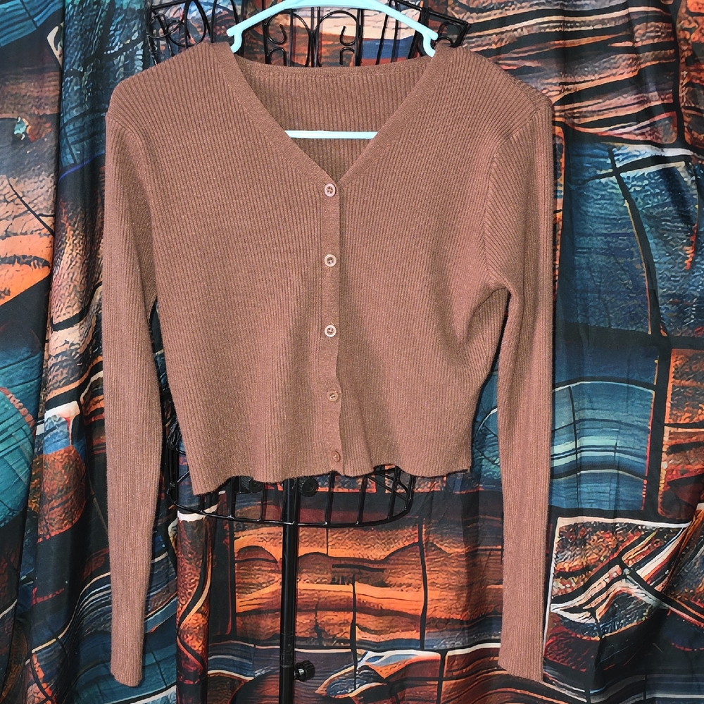 SHEIN Chocolate Brown Short Ribbed Knit Sweater With Buttons Womens Size Large